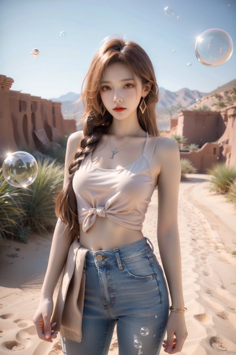  (bubble:1.5),1girl, cowboy shot, dusty desert landscape, ultra short jeans, suspender pantyhose, spurred cowboy boots, short white tank top, chambray shirt tied around waist, bandana as scarf, messy sun kissed hair Messy braids, aviator sunglasses, red lipstick, turquoise and silver jewelry set (bracelet, necklace, earrings), worn leather holster with revolver, confident smile, squinting at the horizon, exposed navel, background A desert plant, the setting sun casts a warm golden light, (\meng ze\)