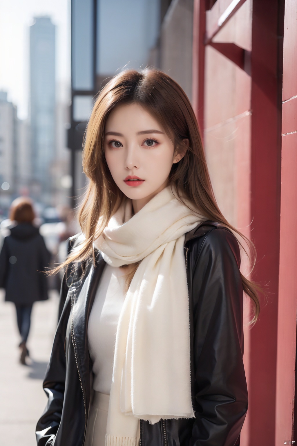  A woman wrapped in a cream-colored scarf, with a black coat draped over her shoulders. Her gaze is pensive, her blonde hair tousled by the wind, and her lips painted a bold red, against an urban backdrop., masterpiece,best quality,