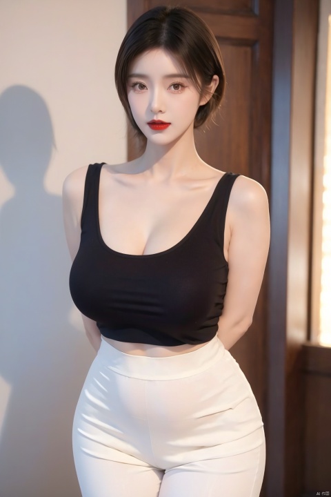 1girl,bare_shoulders,black_hair,cowboy_shot,indoors,lips,lipstick,makeup,realistic,red_lips,short_hair,sleeveless,solo,big chest,leg seams,exposed vagina,long hair,standing for audience,arms_behind_back,looking at viewer,lowleg_pants,