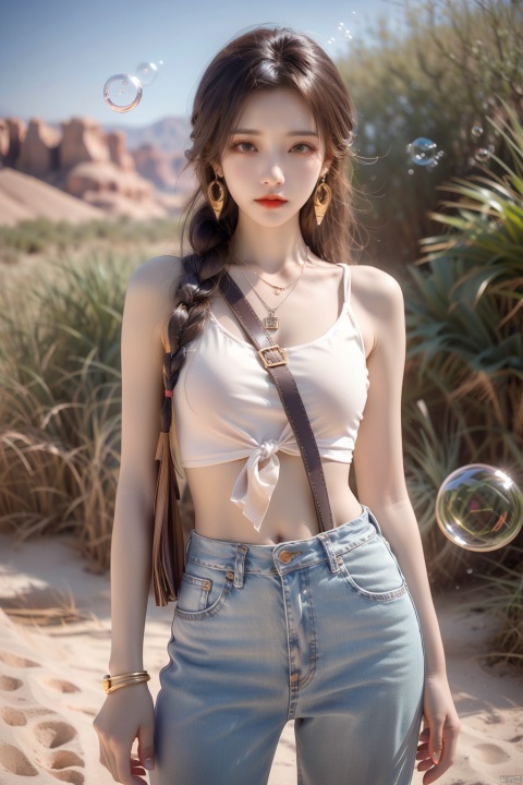  (bubble:1.5),1girl, cowboy shot, dusty desert landscape, ultra short jeans, suspender pantyhose, spurred cowboy boots, short white tank top, chambray shirt tied around waist, bandana as scarf, messy sun kissed hair Messy braids, aviator sunglasses, red lipstick, turquoise and silver jewelry set (bracelet, necklace, earrings), worn leather holster with revolver, confident smile, squinting at the horizon, exposed navel, background A desert plant, the setting sun casts a warm golden light, (\meng ze\)