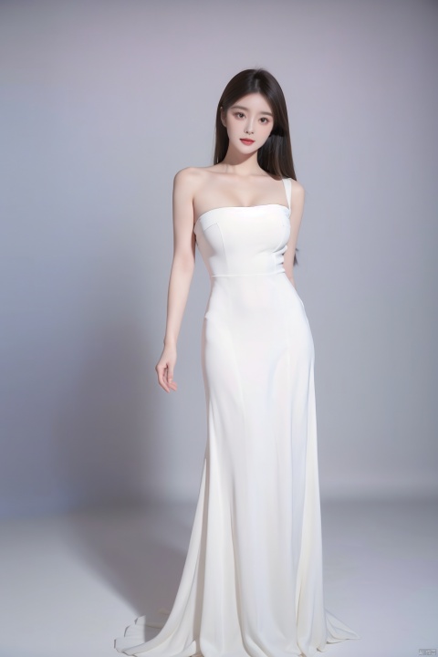  A goddess,dressed in a charming and elegant white Evening dress,fashionable and luxurious,black eyes,standing posture,Complete head and upper body photos,advertising photography,white background,exquisite and realistic,high-definition,8K,perfect facial details,the best quality,