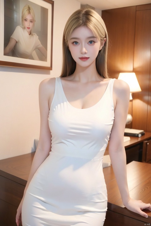 realistic, smile,1girl,sportrait,A woman of beauty in a fantastic space, Tight micro dress white and gold color, 98k, {{Masterpiece}}, Best quality, High quality:1.4), {{[[front look}}, Photo pose)]], very pretty look face, The eye, cute images, cute images, {{Expose the lateral breasts}}, {{{{slim sexy body}}}}, {{177cm tall}}, , Adorable, Pale skin, {{18to 22 years old German girl}}, look beautiful German girl and blue eyes or green eyes with platinum blonde hair color), Nordic German young girl, {{{{{{{{{{cleavage}}}}}}}}}}