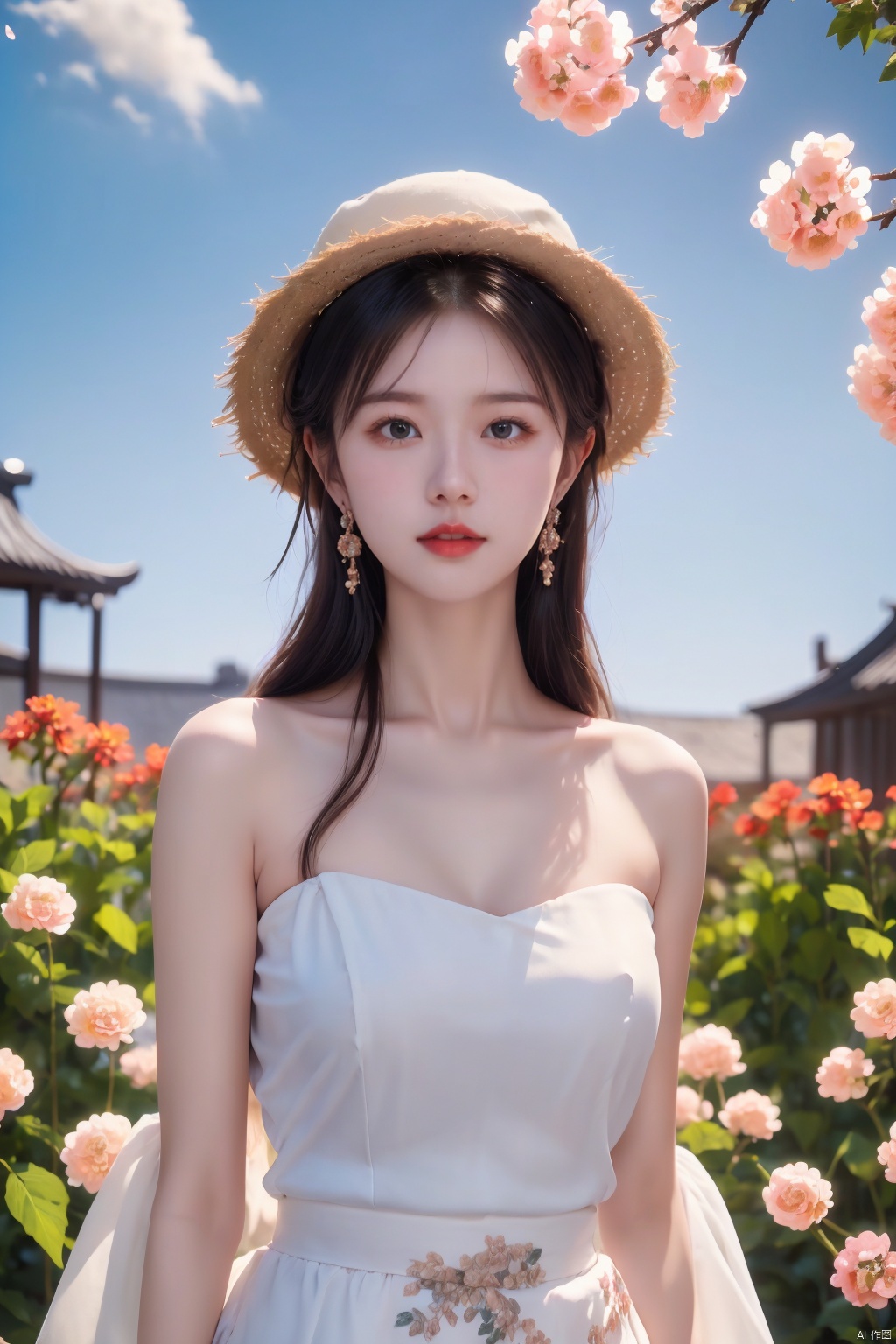  masterpiece, 1 girl, 18 years old, Look at me, long_hair, straw_hat, Wreath, petals, Big breasts, Light blue sky, Clouds, hat_flower, jewelry, Stand, outdoors, Garden, falling_petals, White dress, ajkds, textured skin, super detail, best quality, (\meng ze\)