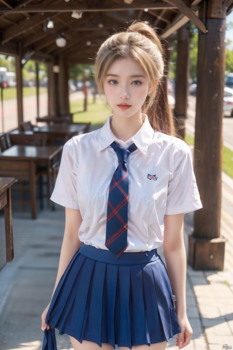  1girl, solo, looking at viewer, blue eyes, skirt, blonde hair, shirt, thighhighs, school uniform, white shirt, ponytail, short sleeves, cowboy shot, pleated skirt, necktie, white thighhighs, lips, zettai ryouiki, plaid, plaid skirt, realistic, nose, shirt tucked in,cute