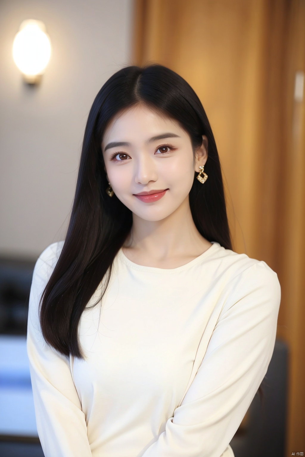 1girl, solo, long hair, black hair, realistic, looking at viewer, smile, earrings, blurry, blurry background, jewelry, upper body, black eyes, lips, head tilt