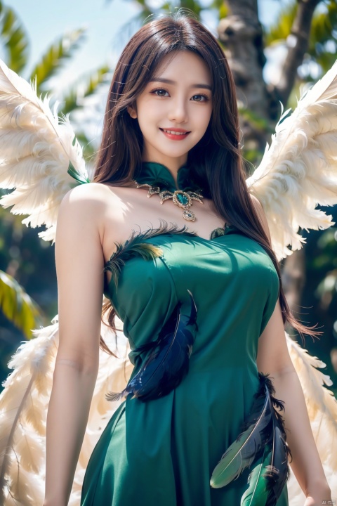  1girl,a gorgeous long dress made of feathers,green feather,huge feathers,complex background,beautiful background,(feathers everywhere:1.3),depth of field level,,kind smile,looking_at_viewer,Dynamic pose, BY MOONCRYPTOWOW, angel