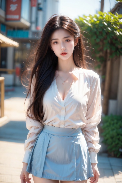  1girl, solo, long_hair, looking_at_viewer,cleavage, skirt, brown_hair, shirt, long_sleeves, brown_eyes, white_shirt, cowboy_shot, outdoors, miniskirt, blurry, lips, white_skirt, pencil_skirt, Hands behind your back, bent over, chest out, butt out,realistic