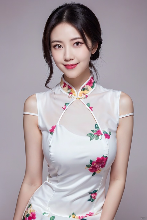  1girl,*****,fair_skin,shiny_skin,white_marble_glowing_skin,curvy,long hair,makeup,flower-shaped pupils,big breasts,china_dress,print_cheongsam,smile,chinese_style,huge filesize,wallpaper,real,available light,reality,realistic,simple_background, 1girl