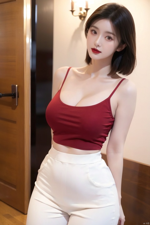 1girl,bare_shoulders,black_hair,cowboy_shot,indoors,lips,lipstick,makeup,realistic,red_lips,short_hair,sleeveless,solo,big chest,leg seams,exposed vagina,long hair,standing for audience,arms_behind_back,looking at viewer,lowleg_pants,