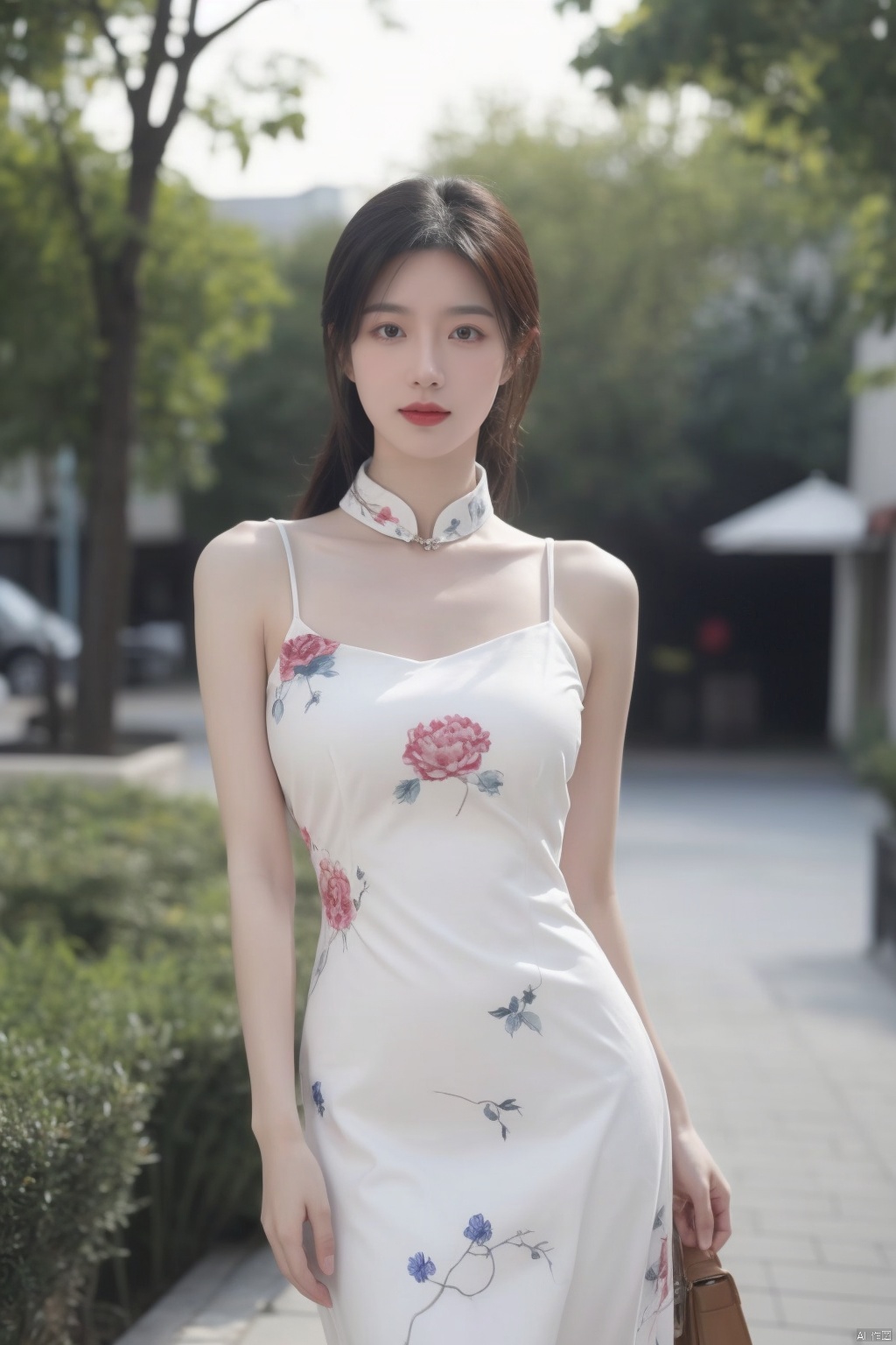  (global illumination, reality,ray tracing, HDR, unreal rendering, reasonable design, high detail, masterpiece,best quality, ultra high definition, movie lighting), 1girl,outdoor,looking_at_viewer,side_blunt_bangs,china_dress,chinese_style,big breasts,pose,solo,1girl,black hair,black eyes, qipao, qipao