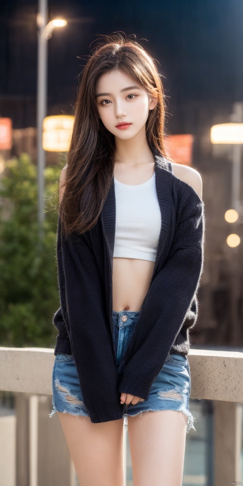  14 years old girl,masterpiece, best quality, day, masterpiece,best quality,official art,extremely detailed CG unity 8k wallpaper, hair over shoulder, cute face, medium breasts, sweater jacket, standing,city, glasses,Features,Proud,Nine-headed body,Crop tops