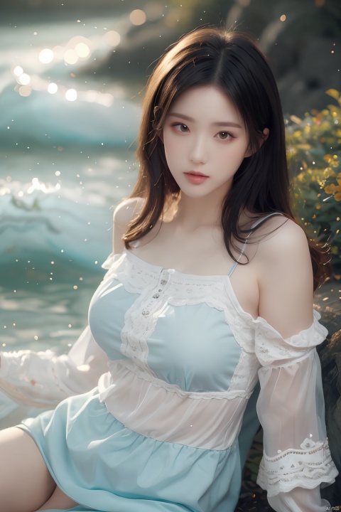  blurry,depth of field,waves,ocean,scenery,water,best quality,masterpiece,illustration,(reflection light),incredibly absurdres,(Wide-angle lens),(masterpiece, top quality, best quality, official art, beautiful and aesthetic:1.2), (1girl), extreme detailed,(fractal art:1.3),colorful,highest detailed,Dreamy Atmosphere,Bright color,Complete clothes, surreal aestheticism, movie-level light and shadow comparison