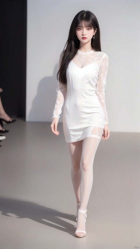  1girl, solo, long_hair, looking_at_viewer, black_hair, dress, brown_eyes, jewelry, standing, full_body, pantyhose, earrings, solo_focus, Models walked on the gorgeous catwalk,white_dress, high_heels, realistic