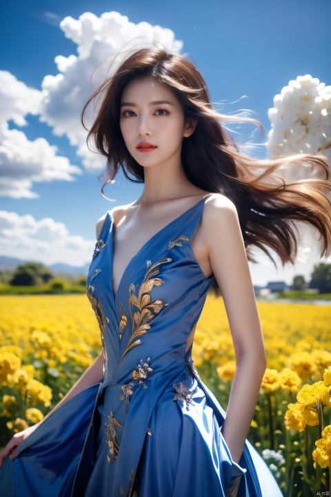  An elegant woman in a peacock-feather dress, short blonde hair, standing in a field of flowering rape flowers against a backdrop of blue skies and white clouds, her hair and the corners of her dress fluttering slightly in the breeze, in high-definition, famous artist, Master Light&#039;s art painting, 1girl