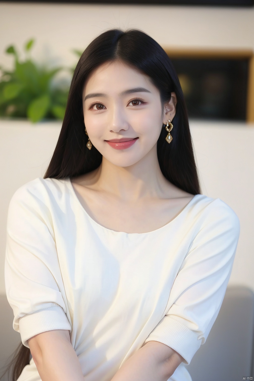 1girl, solo, long hair, black hair, realistic, looking at viewer, smile, earrings, blurry, blurry background, jewelry, upper body, black eyes, lips, head tilt