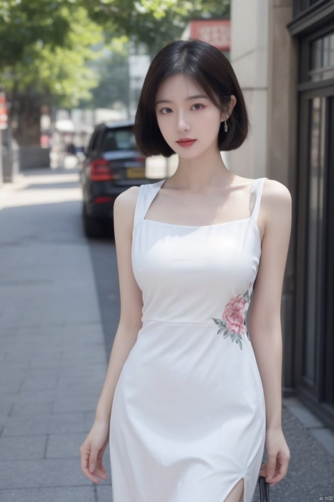  (global illumination, reality,ray tracing, HDR, unreal rendering, reasonable design, high detail, masterpiece,best quality, ultra high definition, movie lighting), 1girl,outdoor,looking_at_viewer,side_blunt_bangs,china_dress,chinese_style,big breasts,pose,solo,1girl,black hair,black eyes, qipao, qipao