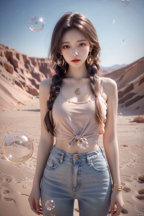  (bubble:1.5),1girl, cowboy shot, dusty desert landscape, ultra short jeans, suspender pantyhose, spurred cowboy boots, short white tank top, chambray shirt tied around waist, bandana as scarf, messy sun kissed hair Messy braids, aviator sunglasses, red lipstick, turquoise and silver jewelry set (bracelet, necklace, earrings), worn leather holster with revolver, confident smile, squinting at the horizon, exposed navel, background A desert plant, the setting sun casts a warm golden light, (\meng ze\)