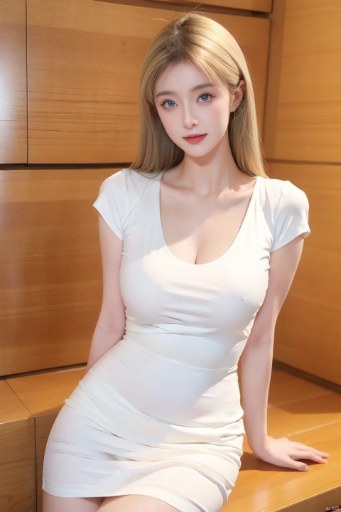 realistic, smile,1girl,sportrait,A woman of beauty in a fantastic space, Tight micro dress white and gold color, 98k, {{Masterpiece}}, Best quality, High quality:1.4), {{[[front look}}, Photo pose)]], very pretty look face, The eye, cute images, cute images, {{Expose the lateral breasts}}, {{{{slim sexy body}}}}, {{177cm tall}}, , Adorable, Pale skin, {{18to 22 years old German girl}}, look beautiful German girl and blue eyes or green eyes with platinum blonde hair color), Nordic German young girl, {{{{{{{{{{cleavage}}}}}}}}}}