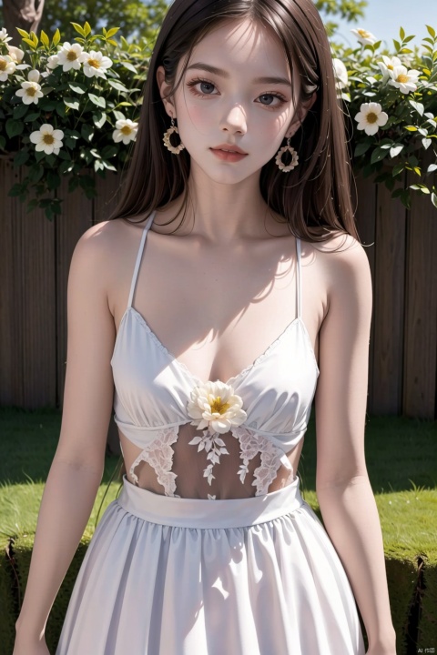  masterpiece, 1 girl, 16 years old, Maiden, Look at me, Lovely, Long hair, Black hair, Outdoor, Garden, Soft light, Angel, White broken flower skirt, Huge flowers, textured skin, super detail, best quality, 8k, Light master, 1girl