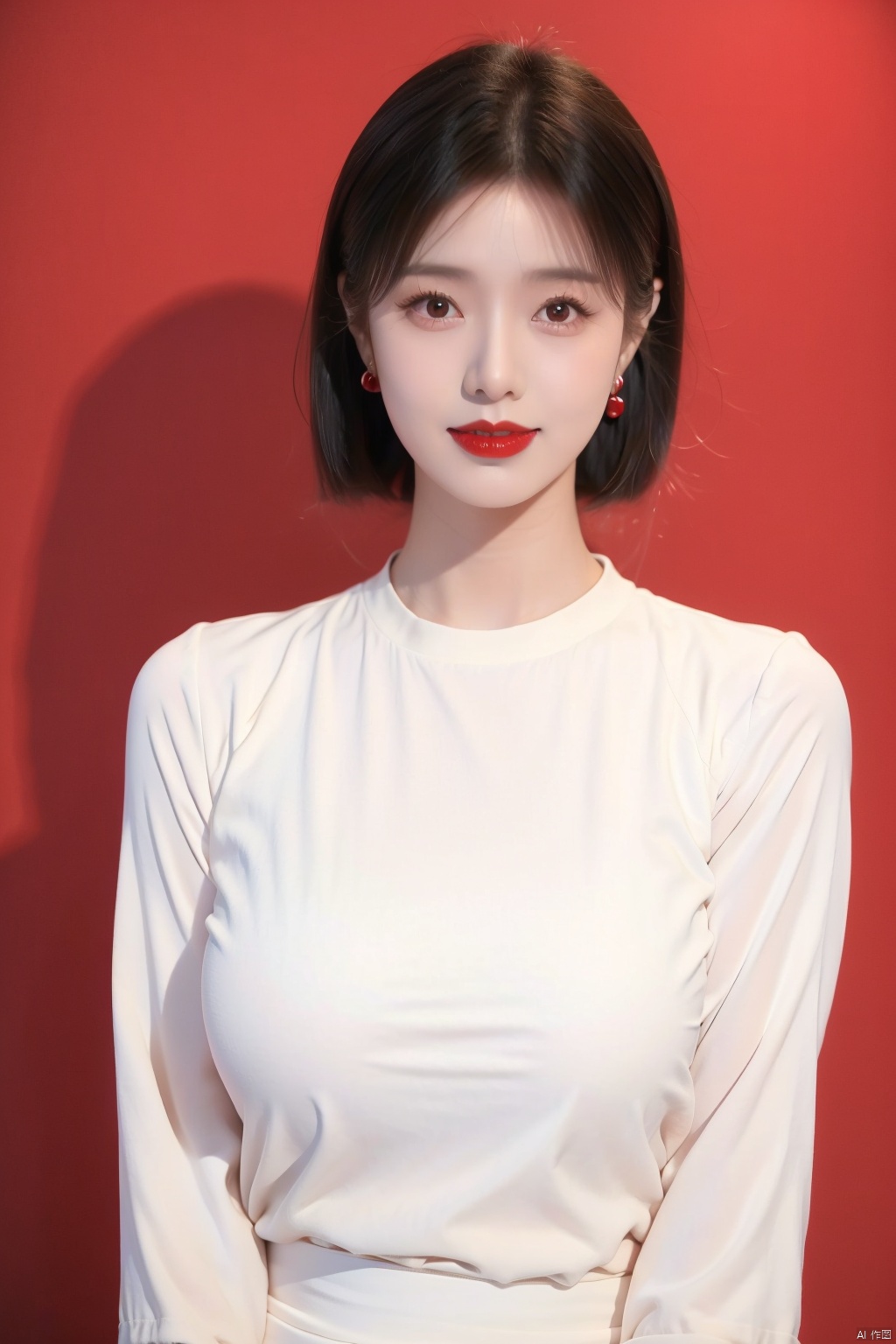  1girl black eyes black hair black shirt blurry earrings jewelry lips looking at viewer parted lips red background red lips red sky shirt short hair simple background smile solo upper body 

