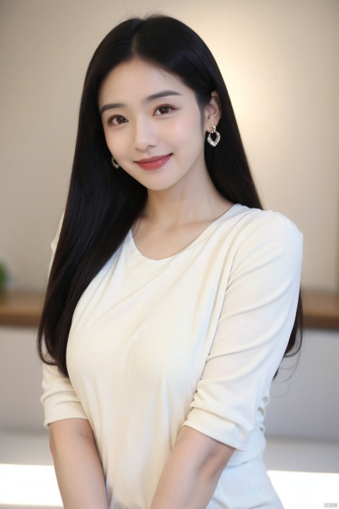 1girl, solo, long hair, black hair, realistic, looking at viewer, smile, earrings, blurry, blurry background, jewelry, upper body, black eyes, lips, head tilt