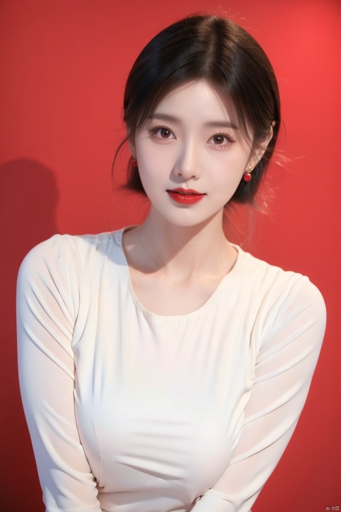  1girl black eyes black hair black shirt blurry earrings jewelry lips looking at viewer parted lips red background red lips red sky shirt short hair simple background smile solo upper body 

