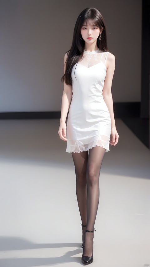  1girl, solo, long_hair, looking_at_viewer, black_hair, dress, brown_eyes, jewelry, standing, full_body, pantyhose, earrings, solo_focus, Models walked on the gorgeous catwalk,white_dress, high_heels, realistic