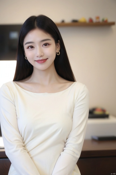 1girl, solo, long hair, black hair, realistic, looking at viewer, smile, earrings, blurry, blurry background, jewelry, upper body, black eyes, lips, head tilt