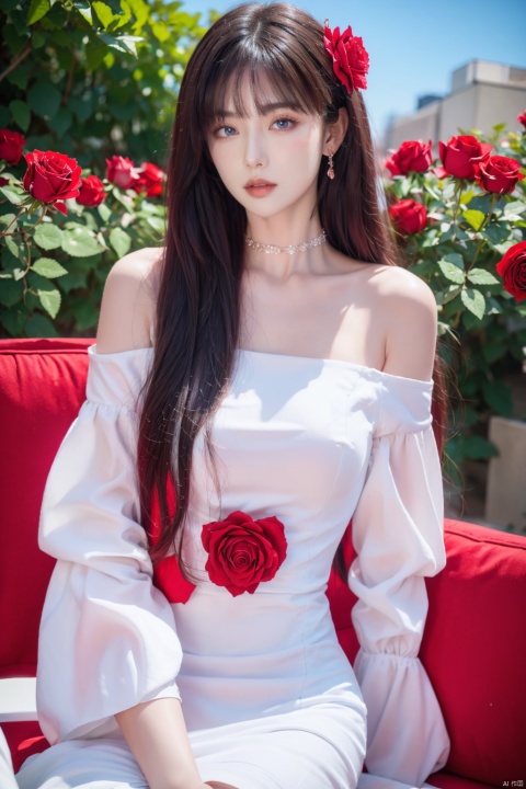  1girl, solo, red flower, flower, blue eyes, long hair, holding flower, holding, rose, dress, petals, hair ornament, red rose, lying, long sleeves, white hair, on back, white dress, looking at viewer, choker, parted lips, bare shoulders, blush, bangs, off shoulder, black choker, hair flower, off-shoulder dress, very long hair, collarbone, puffy long sleeves, puffy sleeves, rose petals,hairbetweeneyes,eyesseye,鏃�