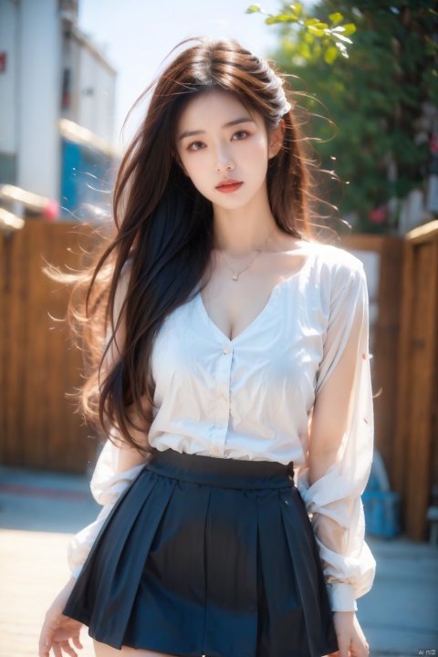  1girl, solo, long_hair, looking_at_viewer,cleavage, skirt, brown_hair, shirt, long_sleeves, brown_eyes, white_shirt, cowboy_shot, outdoors, miniskirt, blurry, lips, white_skirt, pencil_skirt, Hands behind your back, bent over, chest out, butt out,realistic