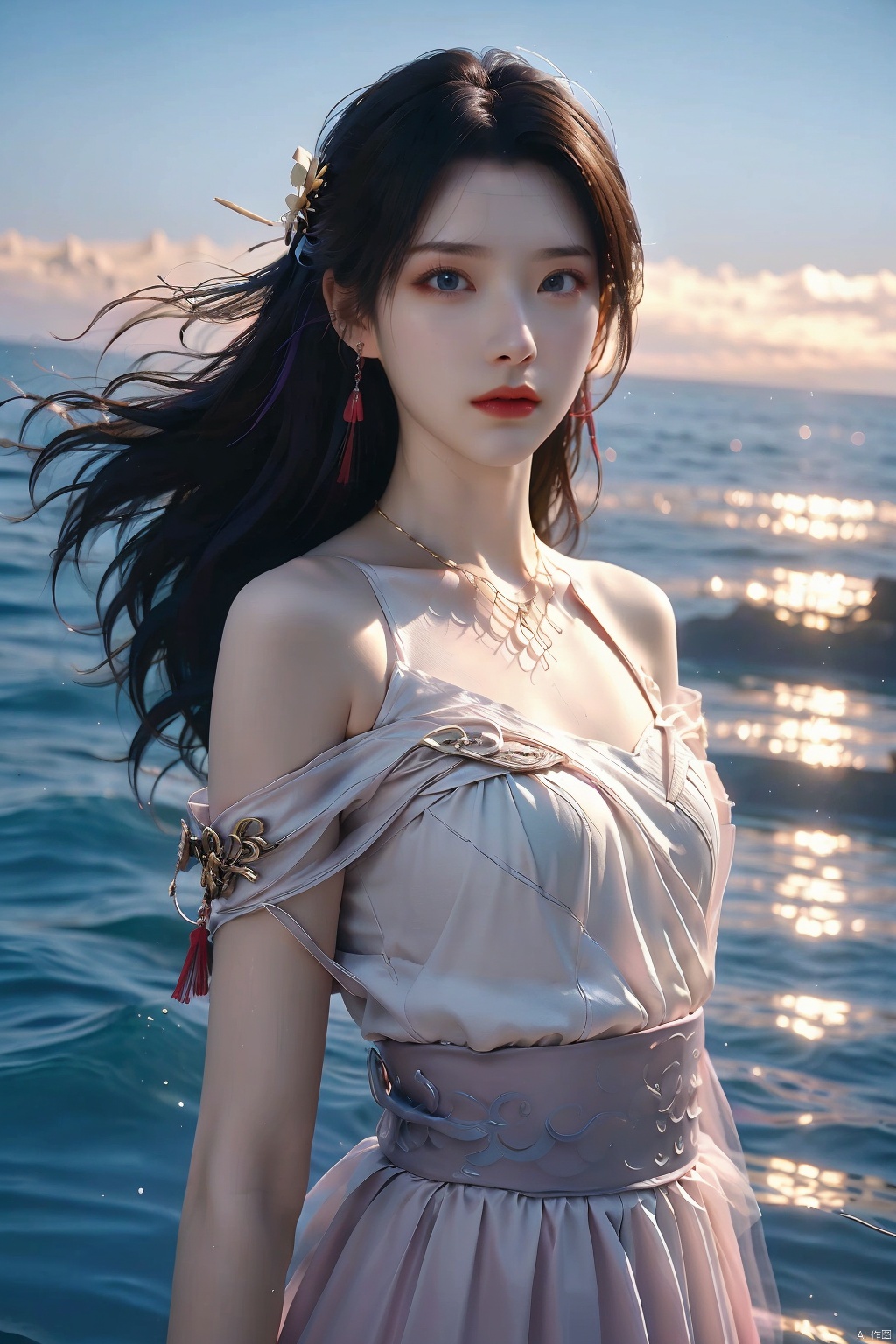  1girl,Bangs, off shoulder, colorful_hair, ((colorful hair)),golden dress, yellow eyes, chest, necklace, pink dress, earrings, floating hair, jewelry, sleeveless, very long hair,Looking at the observer, parted lips, pierced,energy,electricity,magic,tifa,sssr,blonde hair,jujingyi,
(art by Anna Dittman:1)(art by Alessio Albi:1.2),(masterpiece, top quality, best quality, official art, beautiful and aesthetic:1.2),Fine handmade fabric,Dramatic light,cover art body art future girl,A shallow smile,1girl,16yo, Korean Idol, Dynamic Dance, Sexy Clothing,(Oceans:1.5), oil tankers is in the background,cheongsam,White clothes, HUBG_Beauty_Girl, pinger, sd mai, HUBG_Rococo_Style(loanword), yunyun_(yunyun)