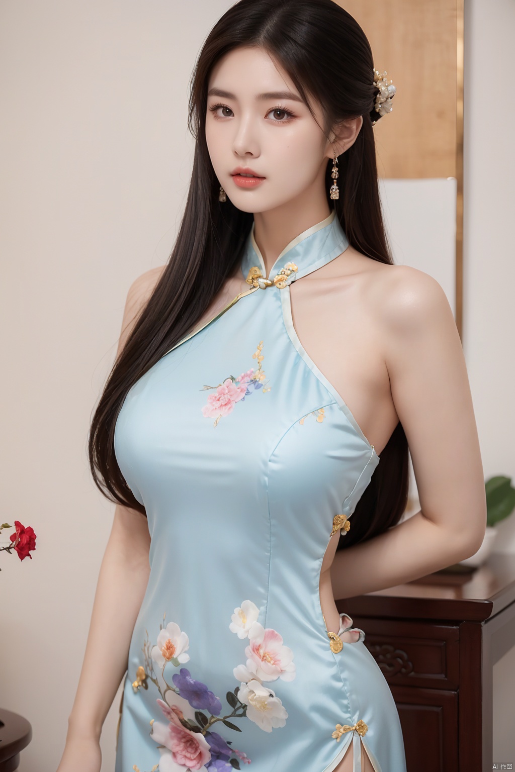  1girl,fair_skin,shiny_skin,white_marble_glowing_skin,curvy,long hair,makeup,flower-shaped pupils,big breasts,china_dress,print_cheongsam,chinese_style,huge filesize,wallpaper,real,available light,reality,realistic,simple_background, 1girl,moyou