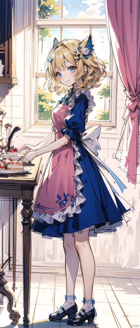 full background, full body, , npzw, traditional media, (sketch:1.5), no text, catgirl, 1girl, solo, blue eyes, (blonde hair), short hair, (curly hair), hair ornament, pink dress, white apron, black shoes, ribbon, frills, short sleeves, standing, chibi, smiling, from front, kitchen, cake, table, window, curtain, sunny sky,