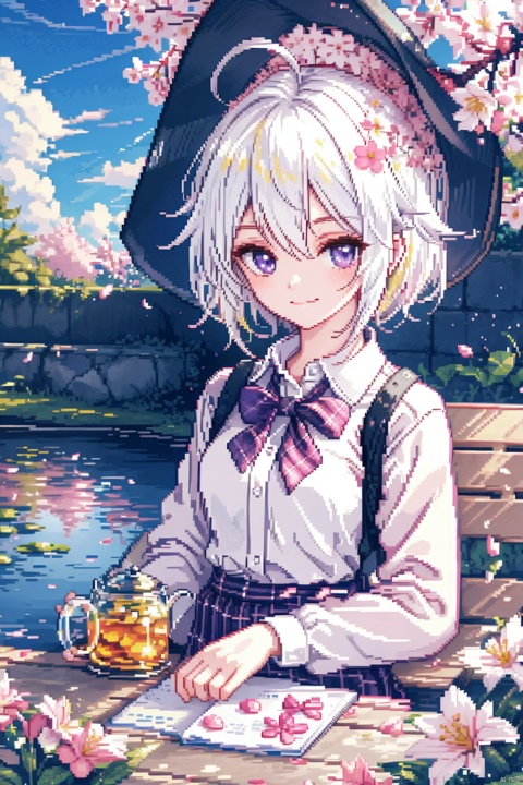  ((pixelart)),1girl, ahoge, (sitting,spring sky,garden,bench,pond),admiring pose, elaina (majo no tabitabi), smile, purple eyes, solo, long hair, bangs, cherry blossom,(outdoors),:3, shirt, skirt, bow, white hair, flushed, long sleeves,checkered, plaid, buttoned blouse, teapot, cover art, plaid skirt, yellow ribbon,holding cup,witch hat,upper body,(platinum hair),flare, ((pixelart)), ((pixel))