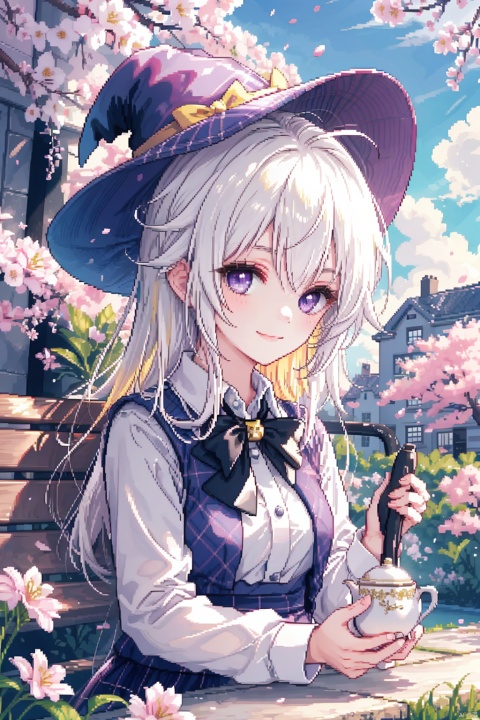1girl, ahoge, (sitting,spring sky,garden,bench,pond),admiring pose, elaina (majo no tabitabi), smile, purple eyes, solo, long hair, bangs, cherry blossom,(outdoors),:3, shirt, skirt, bow, white hair, flushed, long sleeves,checkered, plaid, buttoned blouse, teapot, cover art, plaid skirt, yellow ribbon,holding cup,witch hat,upper body,(platinum hair),flare, ((pixelart))