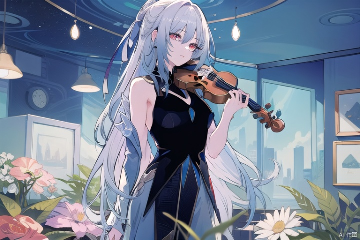  jingliu (honkai: star rail),The image features a woman playing a violin in a room, surrounded by a colorful and futuristic background. She is dressed in a white dress and is standing next to a potted plant. The room is adorned with several potted plants, some of which are placed near the woman and others scattered around the space. The overall atmosphere of the image is vibrant and artistic, with the woman's performance adding a touch of elegance to the scene.