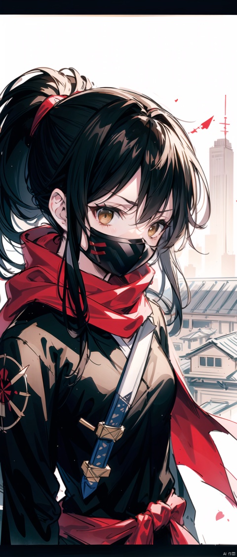 cropped background, cropped torso, , npzw, traditional media, (sketch:1.3), letterboxed, text, ninja, 1girl, solo, (brown eyes), (black hair), long hair, (ponytail), mask, black suit, red scarf, kunai, shuriken, upper body, chibi, serious, from front, night, city, rooftop, (action), 