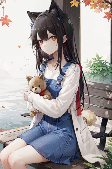 The image features a beautiful young girl with long, brown hair wearing a blue skirt and a grey sweater. She is sitting on a bench, holding a stuffed teddy bear in her arms. The girl appears to be looking at the viewer, giving a sense of depth to the scene.In the background, there are several other people, some of whom are standing and others sitting. A cup is placed on the bench, and a maple leaf can be seen nearby. The overall atmosphere of the image is serene and inviting.