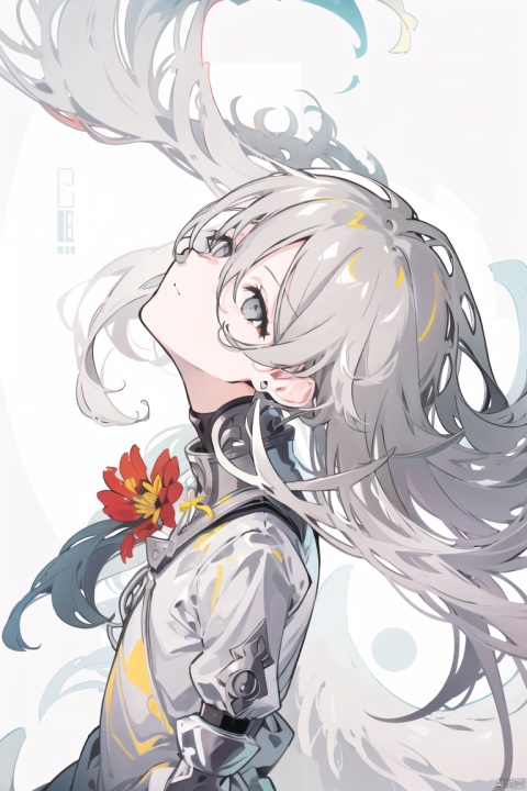 1girl, solo, long hair, looking at viewer, bangs, white background, dress, hair between eyes, very long hair, closed mouth, upper body, flower, from side, grey eyes, expressionless