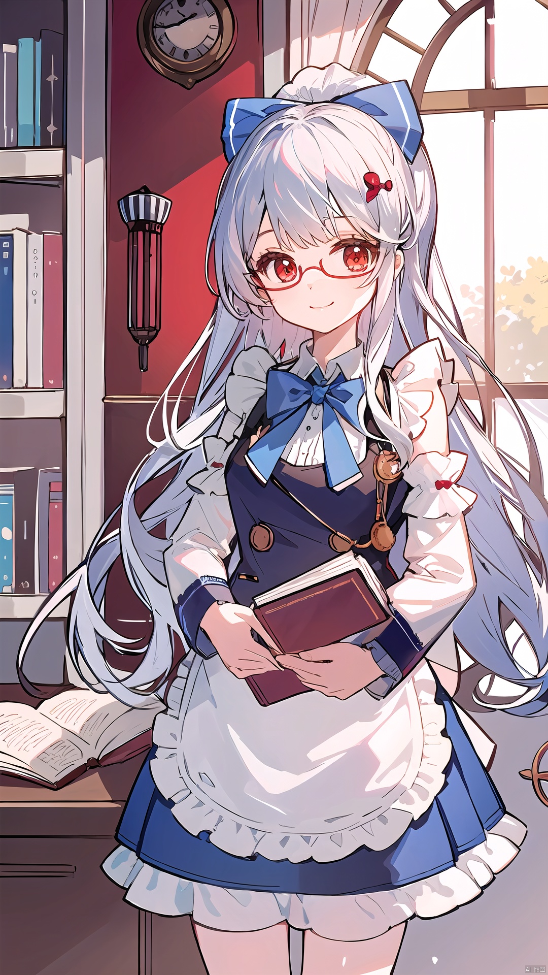 (best quality), 1girl, maid, blue-white, indoors, long hair, apron, solo, library, book, day, looking at viewer, smile, polite, frills, ribbon, hair ornament, red eyes, silver hair, very long hair, straight hair, bangs, side bangs, glasses, skirt, blouse, bow, blue bow, white bow, bow (clothing), detached sleeves, clock, pocket watch, 4169E1, FFFFFF, shadow