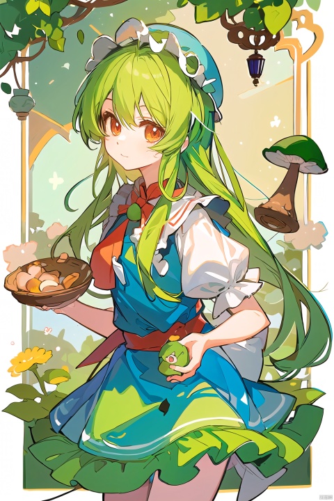 (best quality), (4k resolution), cute painting of a girl with green hair and a hat. She is playing with a fairy in a forest full of mushrooms and flowers. The image has a whimsical style with a bright color palette that creates a contrast with the dark shadows. Inspired by Alice Margatroid, Touhou Project, Anime Art by ZUN and Nemu Matsukura, Photoshop, 3D, HD, magic, doll, kawaii, close-up, expressive, colorful lighting, (circular composition)
