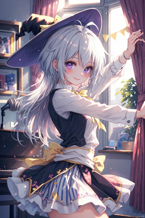 1girl, ahoge, (dancing,stage,curtain,spotlight),dance pose, elaina (majo no tabitabi), smile, purple eyes, solo, long hair, side bangs, ribbon,(indoors),:), shirt, skirt, bow, white hair, blushing, long sleeves,horizontal stripes, striped, collared shirt, microphone, cover image, striped skirt, yellow ribbon,holding microphone,witch hat,waist up,(silver hair),glow, ((pixelart))