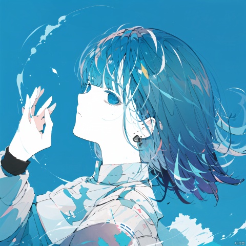  1girl, solo, looking at viewer, short hair, bangs, blue eyes, long sleeves, blue hair, upper body, multicolored hair, earrings, from side, blue background, (upper body:1.3),depth of field,no hand