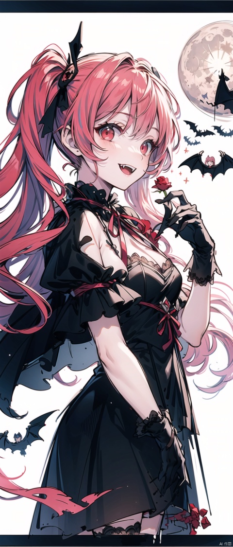 cropped background, cropped torso, , npzw, traditional media, (sketch:1.3), letterboxed, text, vampire, 1girl, solo, (red eyes), (pink hair), long hair, (twintails), fangs, black dress, red ribbon, lace, frills, gloves, stockings, boots, upper body, chibi, smiling, from front, night, moon, stars, bats, (gothic), foreground: bats flying, text: “I want to suck your blood!”, middleground: girl holding a rose, looking at the viewer, background: dark sky, full moon, castle silhouette, angle: low angle, perspective, light: moonlight, contrast, shadow, color: black, red, white, atmosphere: spooky, mysterious,