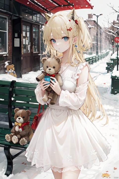 The image features a beautiful young girl with long, blonde hair wearing a white dress and a brown bow. She is standing in the snow, holding a brown teddy bear in her arms. The scene is set in a park with a bench nearby, and there are several other people in the background. Some of them are closer to the girl, while others are further away. A cup can be seen placed on the bench, and a maple leaf is visible in the scene.