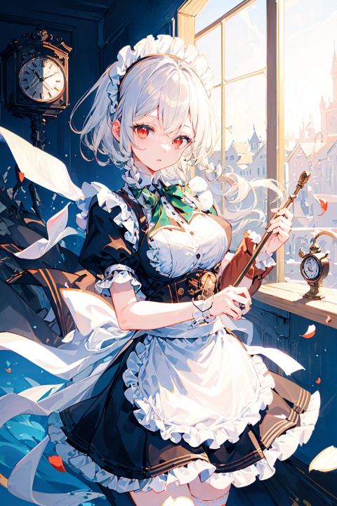  (masterpiece), (best quality),(illustration),cowboy shot,
(((best quality))), ((illustration)),solo,eye_focus,solo,,long floating white hair,detailed red eyes,
(1 girl:1.2),standing,
,loli,(disheveled hair),(Izayoi Sakuya:1.2),((masterpiece)),((best quality)),((extremely detailed)),(highres),(extremely detailed 8K wallpaper:1.2),colorful,(oil painting:1.2),(sketch),(low saturation:1.2),(cinematic lighting:1.4),realistic,dynamic angle,best shadow,(cowboy shot:1.3),(1girl:1.4),(solo),(extremely detailed face:1.3),highlight face,young and handsome female,(loli),(bishoujo),(kawaii:1.2),(floating white short hair:1.3),,(beautiful detailed clear red eyes:1.2),eye shadow,((clocks)),pocket watch,(floating glass fragments),(expressionless),(frills),hair_ornament,ribbons,bowties,light_particles,maid_headdress,neck_ribbon,(rose_petals),(huge gears),dreamlike background,(gradient_background:1.3),(colorful refraction),(time stop),gensokyo,(castle:1.2),(wall painting,classical delicate furnitures,huge windows),(the intersection of light and darkness:1.2)
,seductive eyes