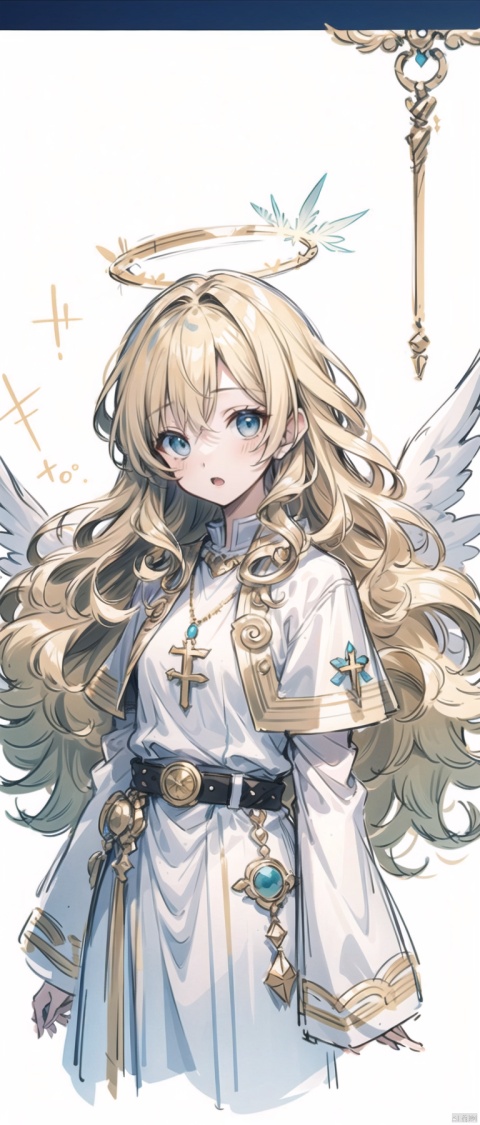 cropped background, cropped torso, , npzw, traditional media, (sketch:1.3), letterboxed, text, angel, 1girl, solo, (blue eyes), (blonde hair), long hair, (curly hair), halo, wings, white dress, gold belt, gold bracelet, gold necklace, feather, upper body, chibi, surprised, from front, heaven, light, (holy),