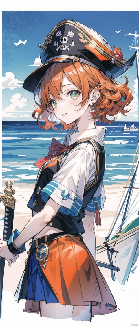 cropped background, cropped torso, , npzw, traditional media, (sketch:1.3), letterboxed, text, pirate, 1girl, solo, (green eyes), (orange hair), short hair, (curly hair), earrings, white shirt, blue vest, red skirt, black boots, hat, sword, upper body, chibi, cheerful, from side, sea, ship, sail, (adventure),