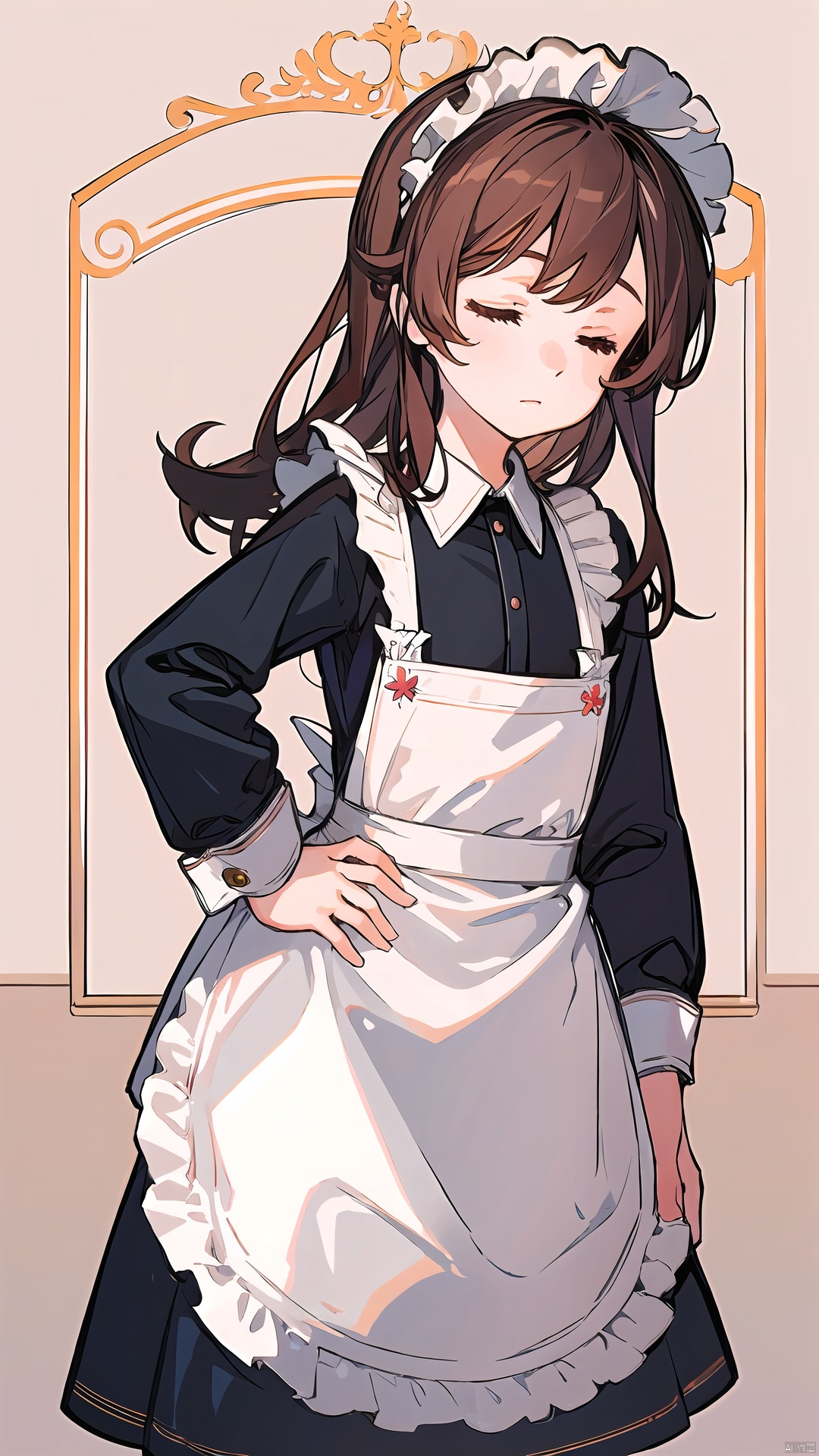 1girl, solo, brown hair, dress, holding, closed eyes, apron, hand on hip, maid, parody, realistic, fine art parody