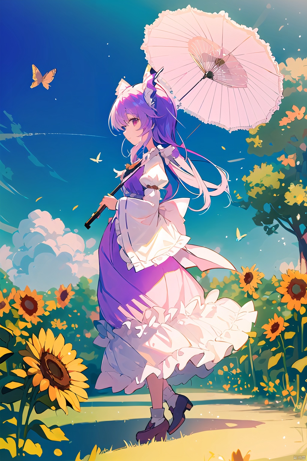 (best quality), (4k resolution), beautiful painting of a girl with purple hair and a parasol. She is walking in a garden full of sunflowers and butterflies. The image has a romantic style with a warm color palette that creates a contrast with the cool sky. Inspired by Yuyuko Saigyouji, Touhou Project, Anime Art by ZUN and ideolo, Photoshop, 3D, HD, spring, elegance, gentle, mid-shot, perspective, soft lighting, (golden ratio)